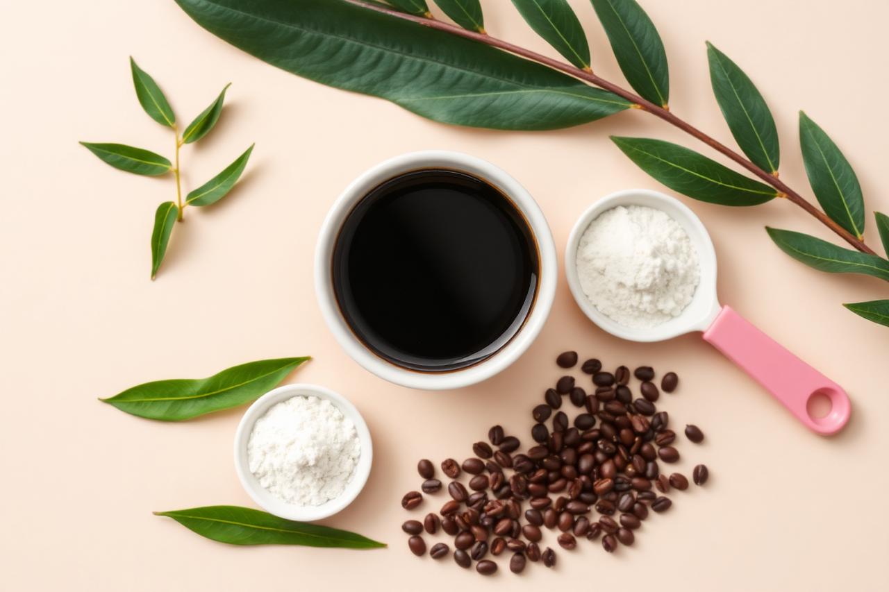 Coffee, green plant extract and L-Carnitine powder laid out on a beige surface