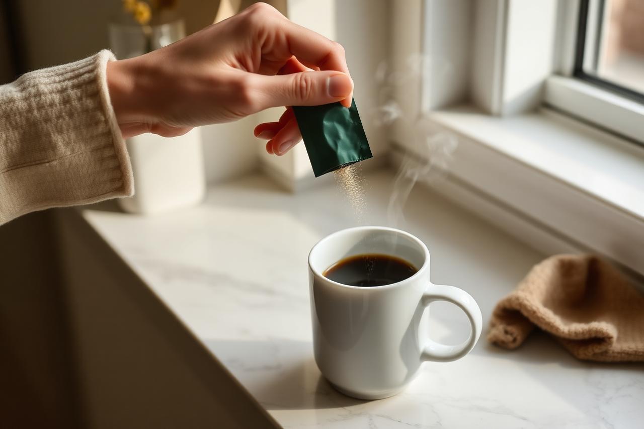 A sachet of Wellaray Diet powder being poured into a cup of black coffee